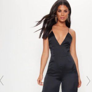 BLACK STRAPPY BACK PLUNGE CULOTTE JUMPSUIT